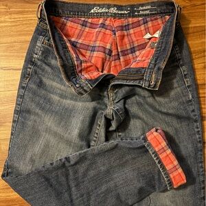 Eddie Bauer Relaxed Boyfriend Jeans with Red Plaid Lining Sz. 4